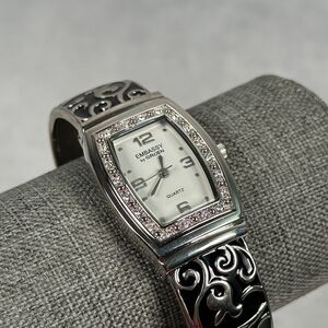 Embassy Gruen Watch Women Pave Bezel Black Enamel Floral Silver Tone New Battery